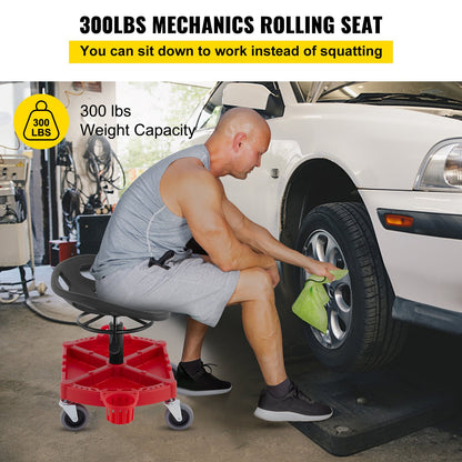 Rolling Garage Stool, 300LBS Capacity, Adjustable Height from 18 in to 23 in, 360-degree Swivel Wheels (4\"), Large Tool Tray with Two Bottle Holder, for Workshop, Auto Repair Shop, Red - Image 2