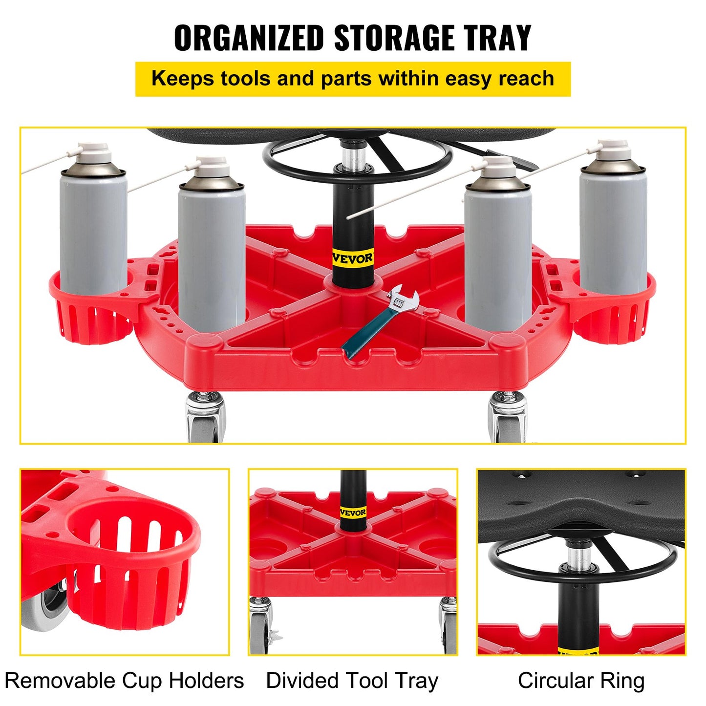 Rolling Garage Stool, 300LBS Capacity, Adjustable Height from 18 in to 23 in, 360-degree Swivel Wheels (4\"), Large Tool Tray with Two Bottle Holder, for Workshop, Auto Repair Shop, Red - Image 4