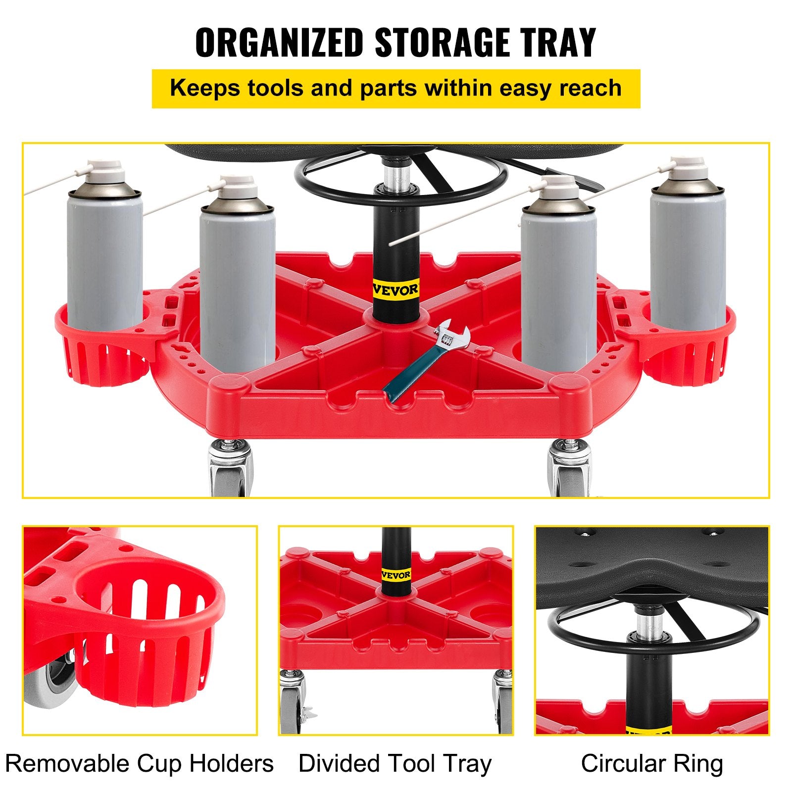 Rolling Garage Stool, 300LBS Capacity, Adjustable Height from 18 in to 23 in, 360-degree Swivel Wheels (4\"), Large Tool Tray with Two Bottle Holder, for Workshop, Auto Repair Shop, Red - Image 4