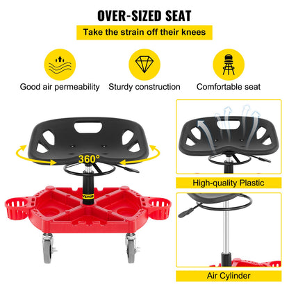Rolling Garage Stool, 300LBS Capacity, Adjustable Height from 18 in to 23 in, 360-degree Swivel Wheels (4\"), Large Tool Tray with Two Bottle Holder, for Workshop, Auto Repair Shop, Red - Image 6