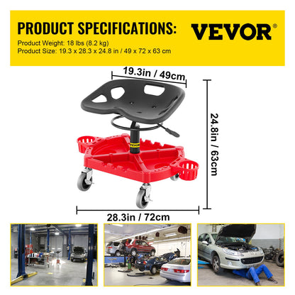 Rolling Garage Stool, 300LBS Capacity, Adjustable Height from 18 in to 23 in, 360-degree Swivel Wheels (4\"), Large Tool Tray with Two Bottle Holder, for Workshop, Auto Repair Shop, Red - Image 7