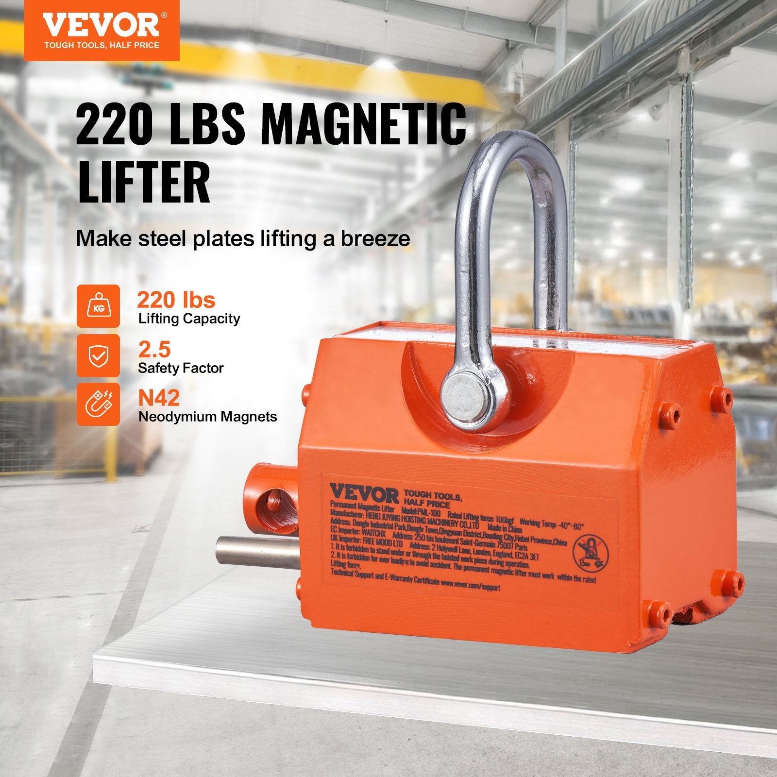 Magnetic Lifter, 100 kg/220 lbs Pulling Capacity, 2.5 Safety Factor, Neodymium & Steel, Lifting Magnet with Release, Permanent Lift Magnets, Heavy Duty Magnet for Hoist, Shop Crane, Block, Board - Image 2