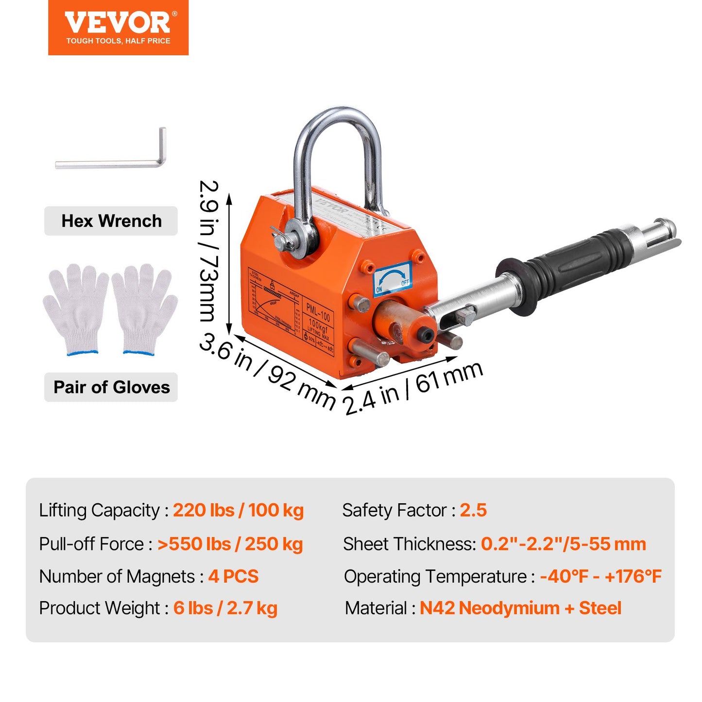 Magnetic Lifter, 100 kg/220 lbs Pulling Capacity, 2.5 Safety Factor, Neodymium & Steel, Lifting Magnet with Release, Permanent Lift Magnets, Heavy Duty Magnet for Hoist, Shop Crane, Block, Board - Image 7