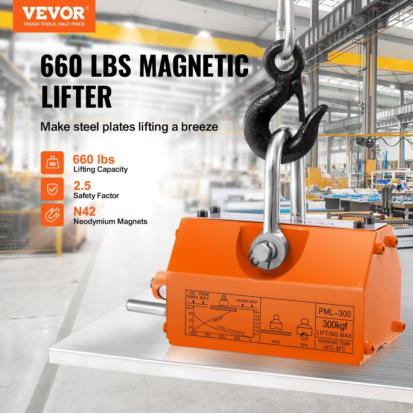 Magnetic Lifter, 300 kg Pulling Capacity, 2.5 Safety Factor, Neodymium & Steel, Lifting Magnet with Release, Permanent Lift Magnets, Heavy Duty Magnet for Hoist, Shop Crane, Block, Board - Image 2