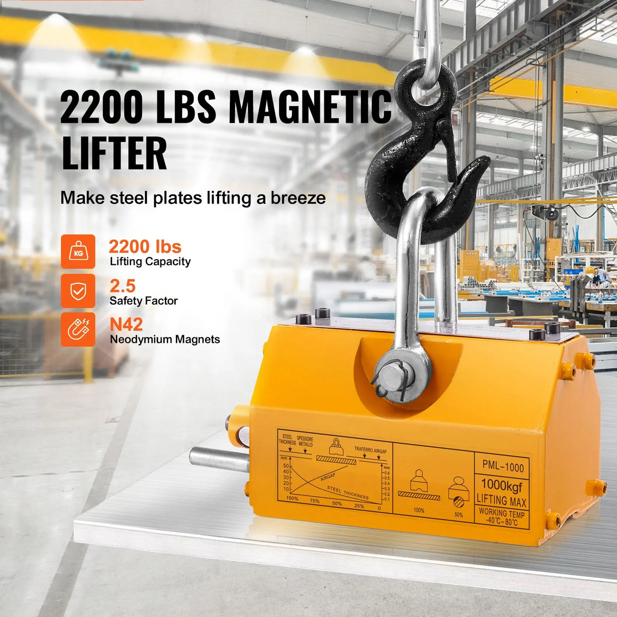 Magnetic Lifter, 1000kg Pulling Capacity, 2.5 Safety Factor, Neodymium & Steel, Lifting Magnet with Release, Permanent Lift Magnets, Heavy Duty Magnet for Hoist, Shop Crane, Block, Board - Image 2