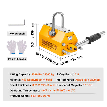 Magnetic Lifter, 1000kg Pulling Capacity, 2.5 Safety Factor, Neodymium & Steel, Lifting Magnet with Release, Permanent Lift Magnets, Heavy Duty Magnet for Hoist, Shop Crane, Block, Board - Image 7