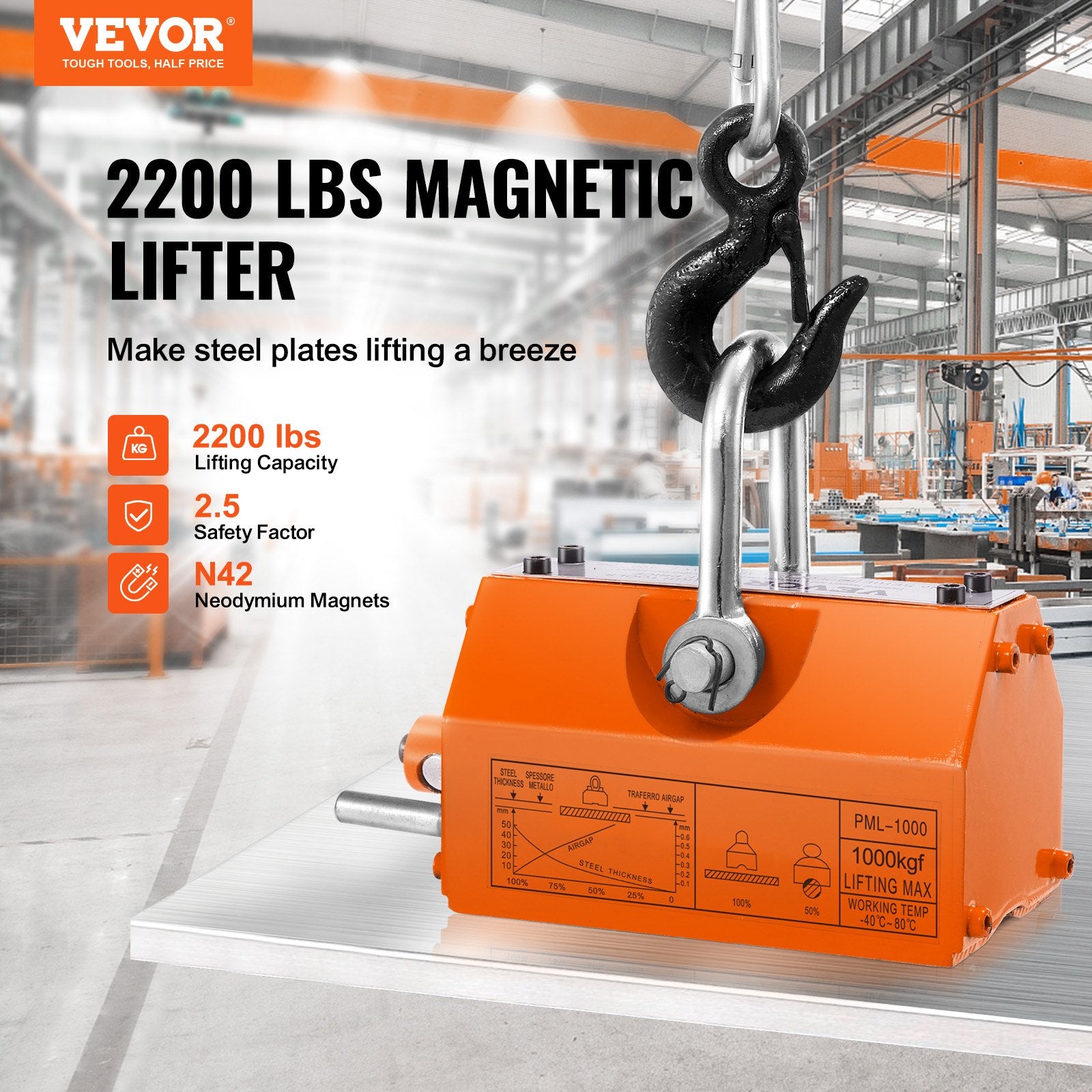 Magnetic Lifter, 1000kg Pulling Capacity, 2.5 Safety Factor, Neodymium & Steel, Lifting Magnet with Release, Permanent Lift Magnets, Heavy Duty Magnet for Hoist, Shop Crane, Block, Board - Image 2