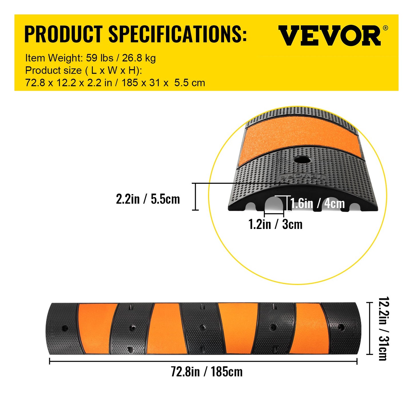 Rubber Speed Bump, 1 Pack 2 Channel Speed Bump Hump, 72.8\" Long Modular Speed Bump Rated 22000 LBS Load Capacity, 72.8 x 12.2 x 2.2 Garage Speed Bump for Asphalt Concrete Gravel Driveway-6 FT - Image 7