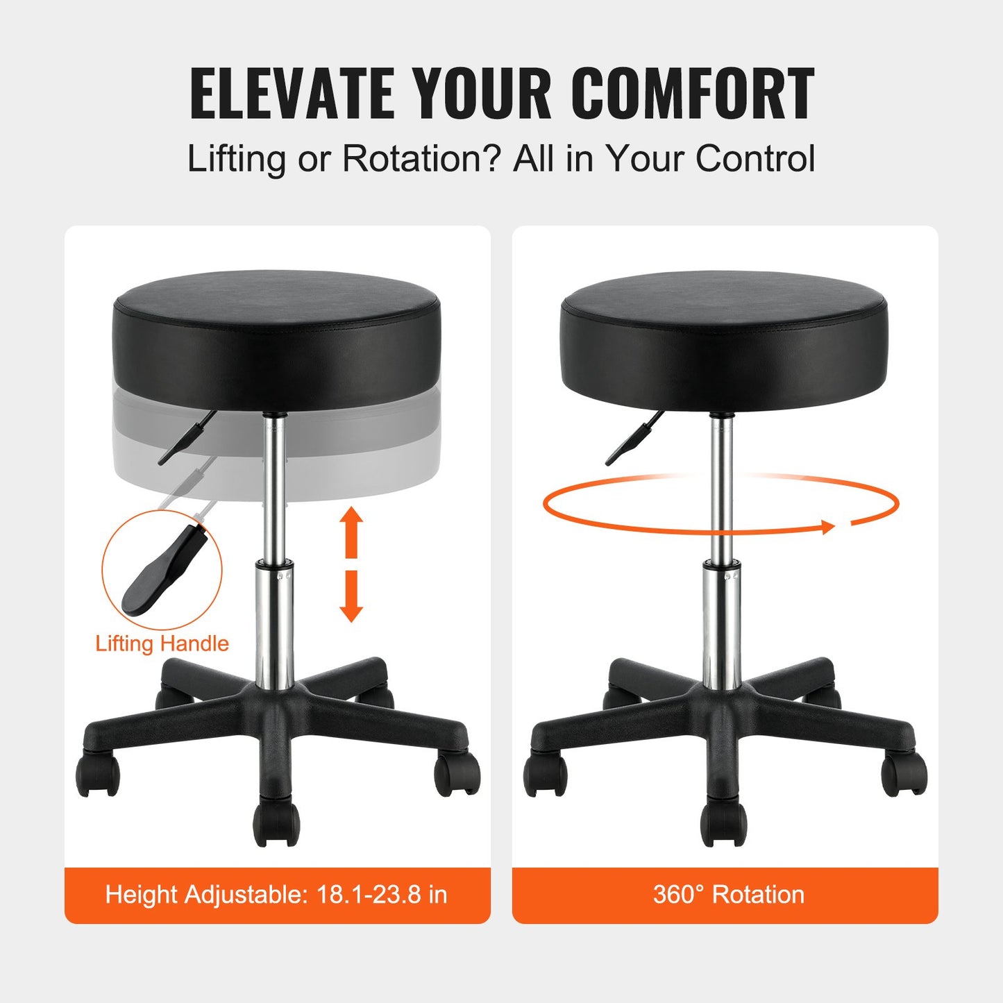 Rolling Stools with Wheels, 400 LBS Weight Capacity Adjustable Height Stool with Ultra-Thick Seat Cushion, Swivel Stools Chair for Salon, Bar, Home, Office, Tatoo, Medical, Massage, Black - Image 4
