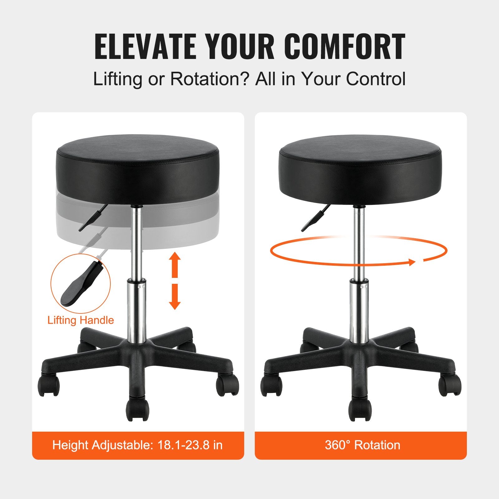 Rolling Stools with Wheels, 400 LBS Weight Capacity Adjustable Height Stool with Ultra-Thick Seat Cushion, Swivel Stools Chair for Salon, Bar, Home, Office, Tatoo, Medical, Massage, Black - Image 4
