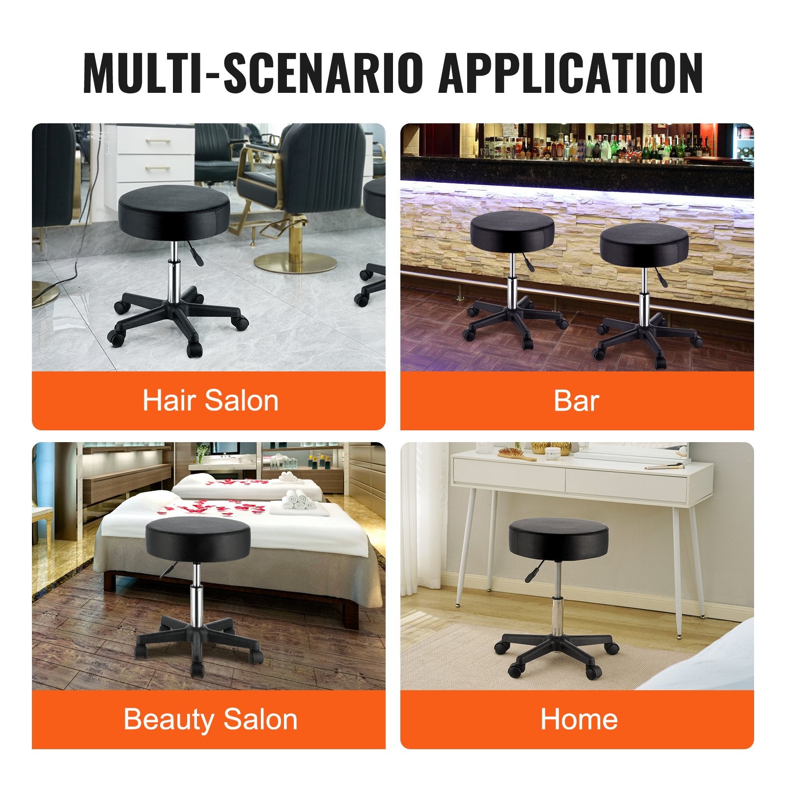 Rolling Stools with Wheels, 400 LBS Weight Capacity Adjustable Height Stool with Ultra-Thick Seat Cushion, Swivel Stools Chair for Salon, Bar, Home, Office, Tatoo, Medical, Massage, Black - Image 6