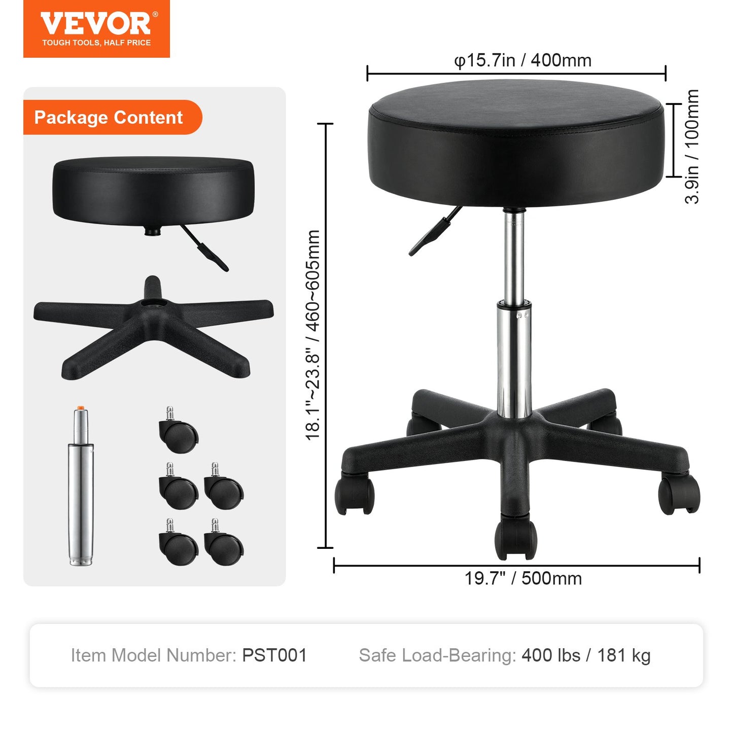 Rolling Stools with Wheels, 400 LBS Weight Capacity Adjustable Height Stool with Ultra-Thick Seat Cushion, Swivel Stools Chair for Salon, Bar, Home, Office, Tatoo, Medical, Massage, Black - Image 7