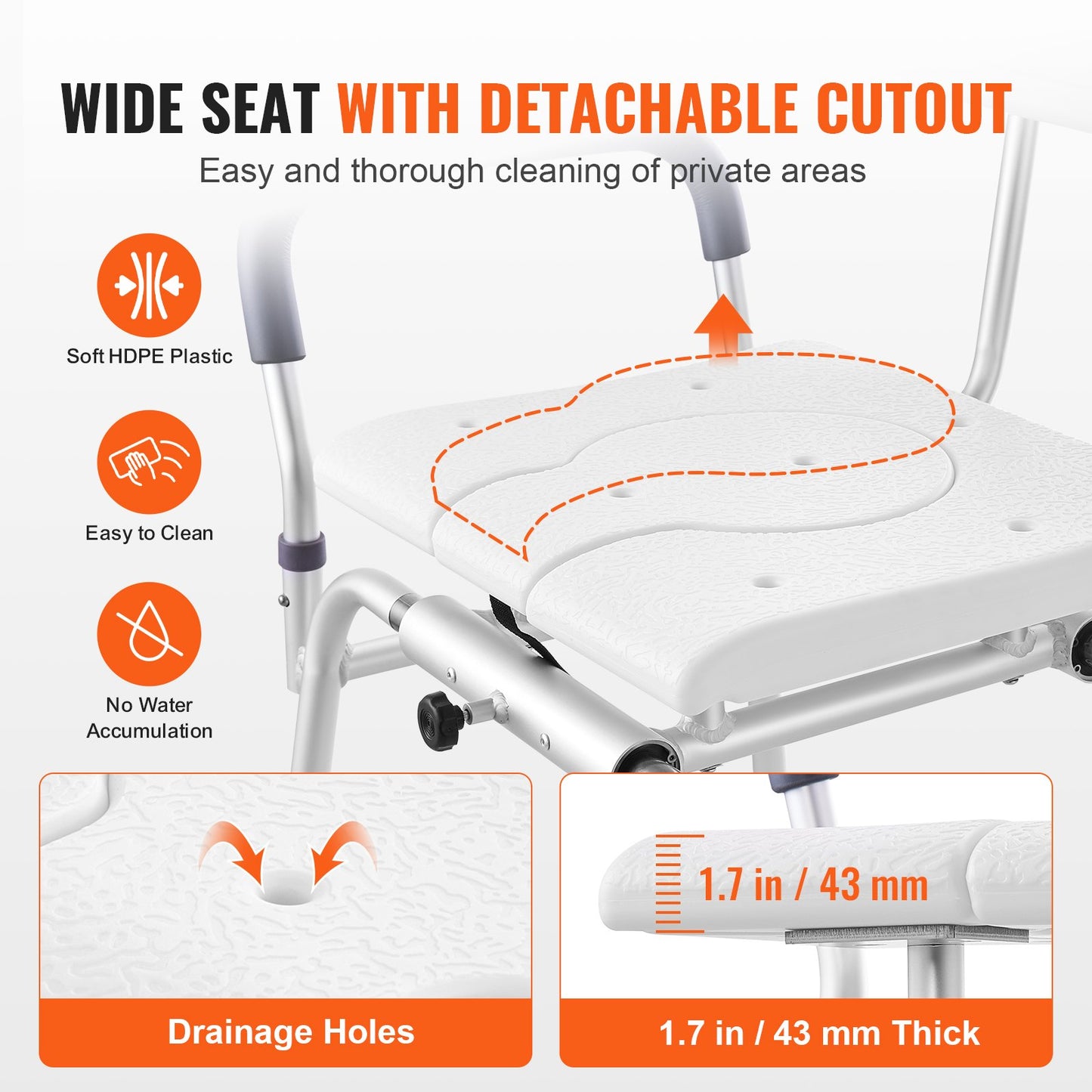 Sliding Tub Transfer Bench Shower Chair & Cut-Out Seat Reversible Backrest - Image 3
