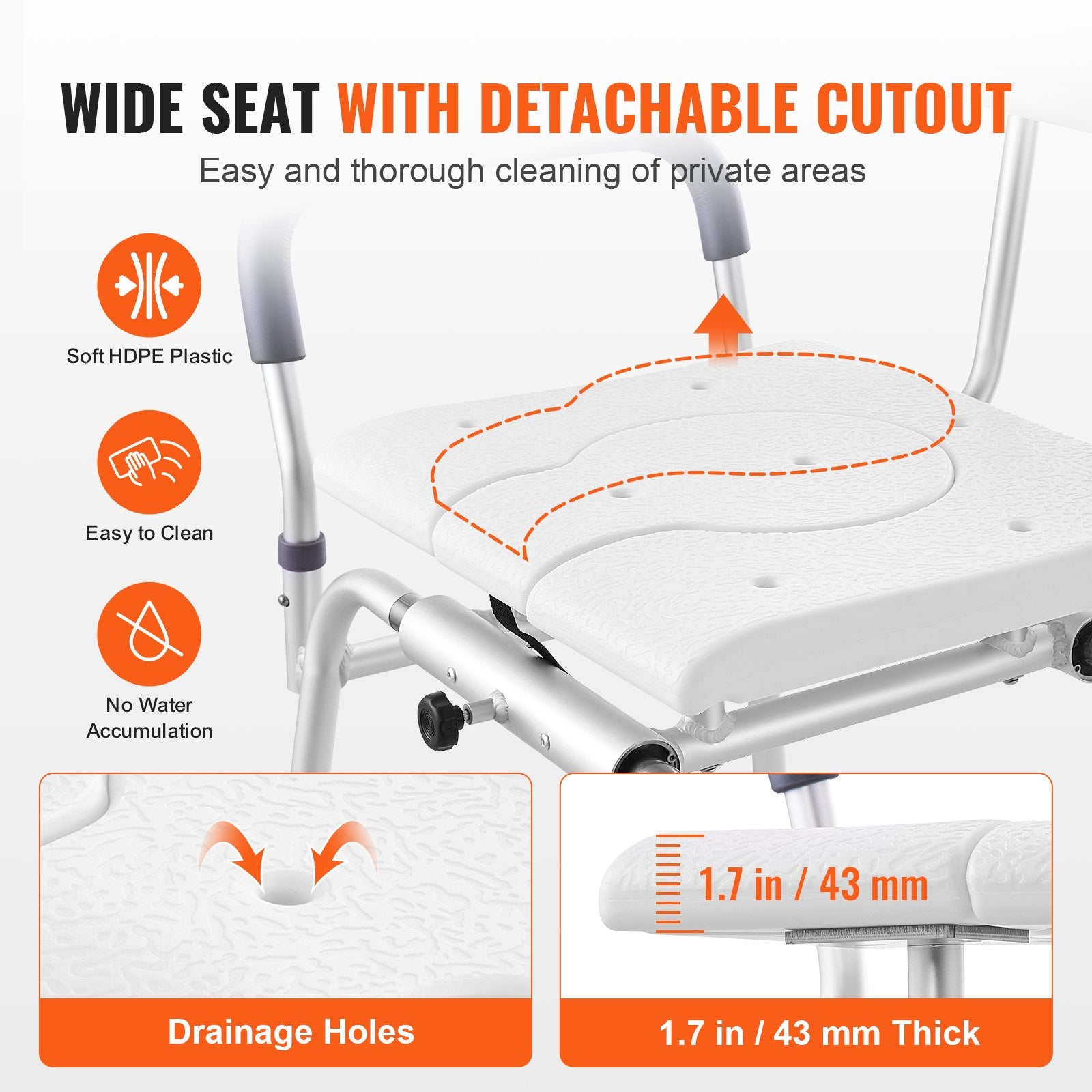 Sliding Tub Transfer Bench Shower Chair & Cut-Out Seat Reversible Backrest - Image 3