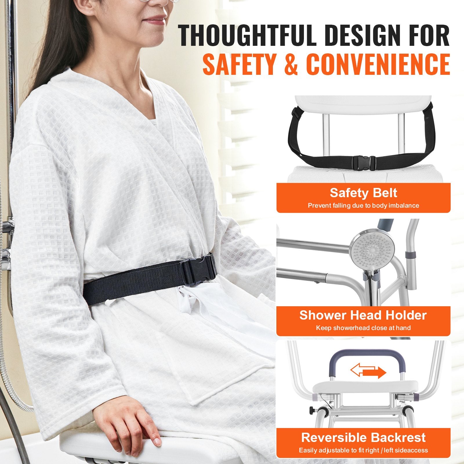 Sliding Tub Transfer Bench Shower Chair & Cut-Out Seat Reversible Backrest - Image 6