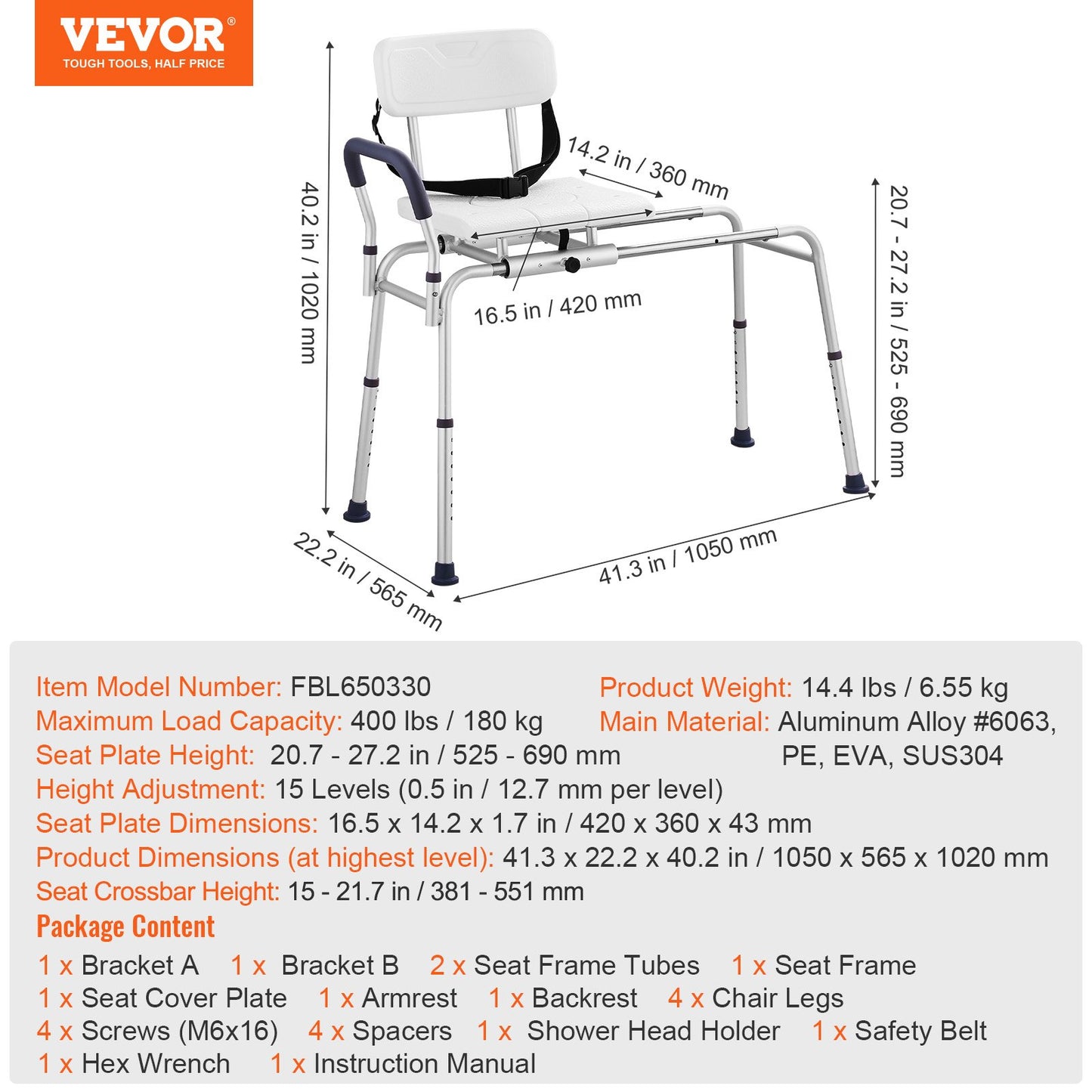 Sliding Tub Transfer Bench Shower Chair & Cut-Out Seat Reversible Backrest - Image 7