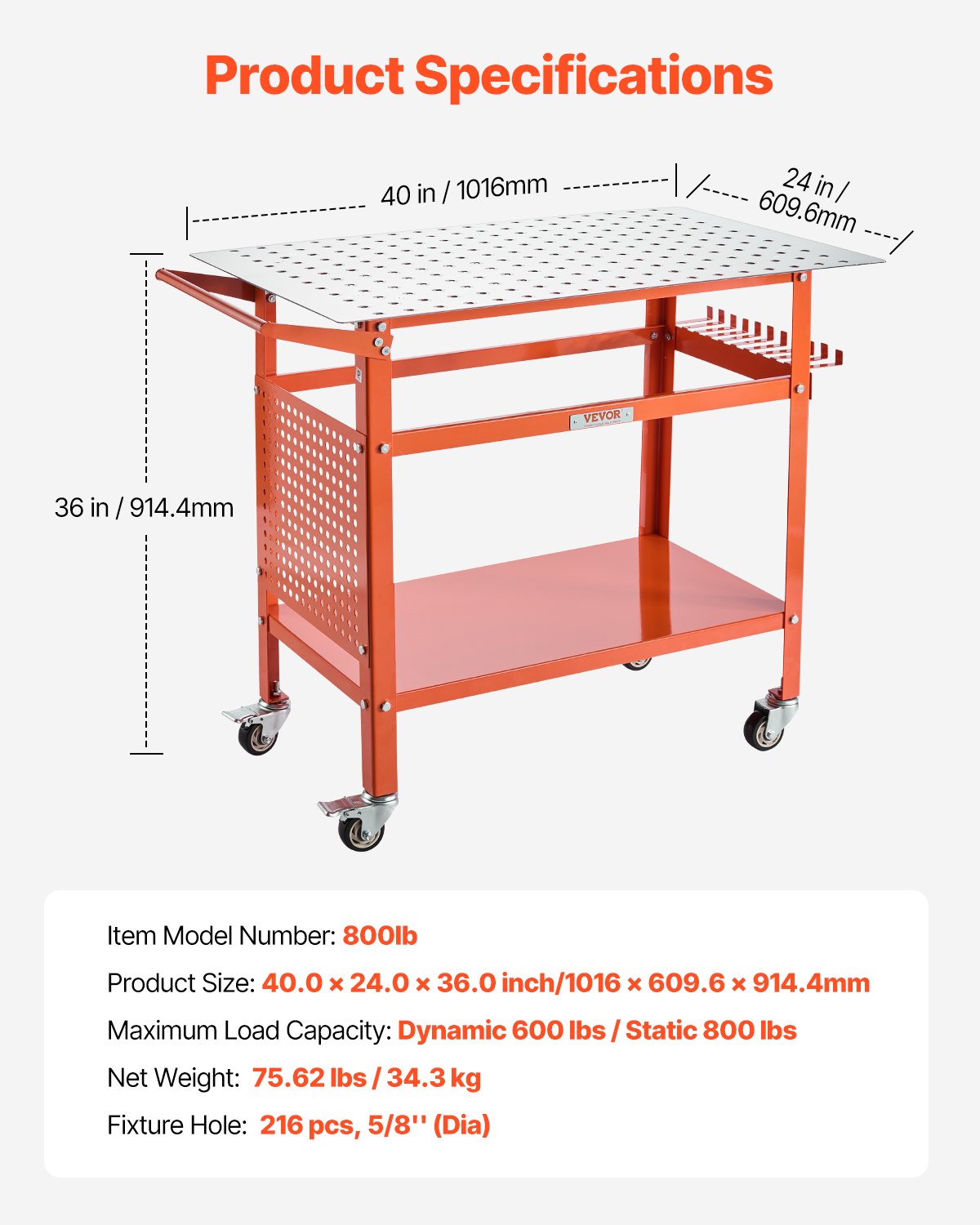 Welding Table 40"x24" Welding Workbench with 800LBS Static Weight Capacity - Image 7