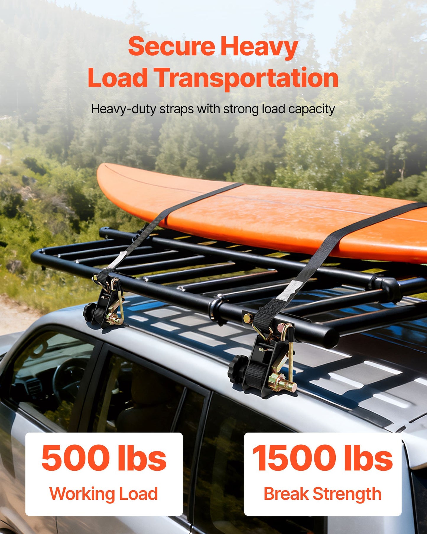 Ladder Rack Ratchet Straps, 47.6-50.8 mm Black Round Tube Mount, 38 mm Wide x 2.25 m Long Black Ladder Rack Straps with Double J-Hooks, 226.8 kg Load Heavy Duty, Cargo Buckle Lock Strap (4 Pack) - Image 2