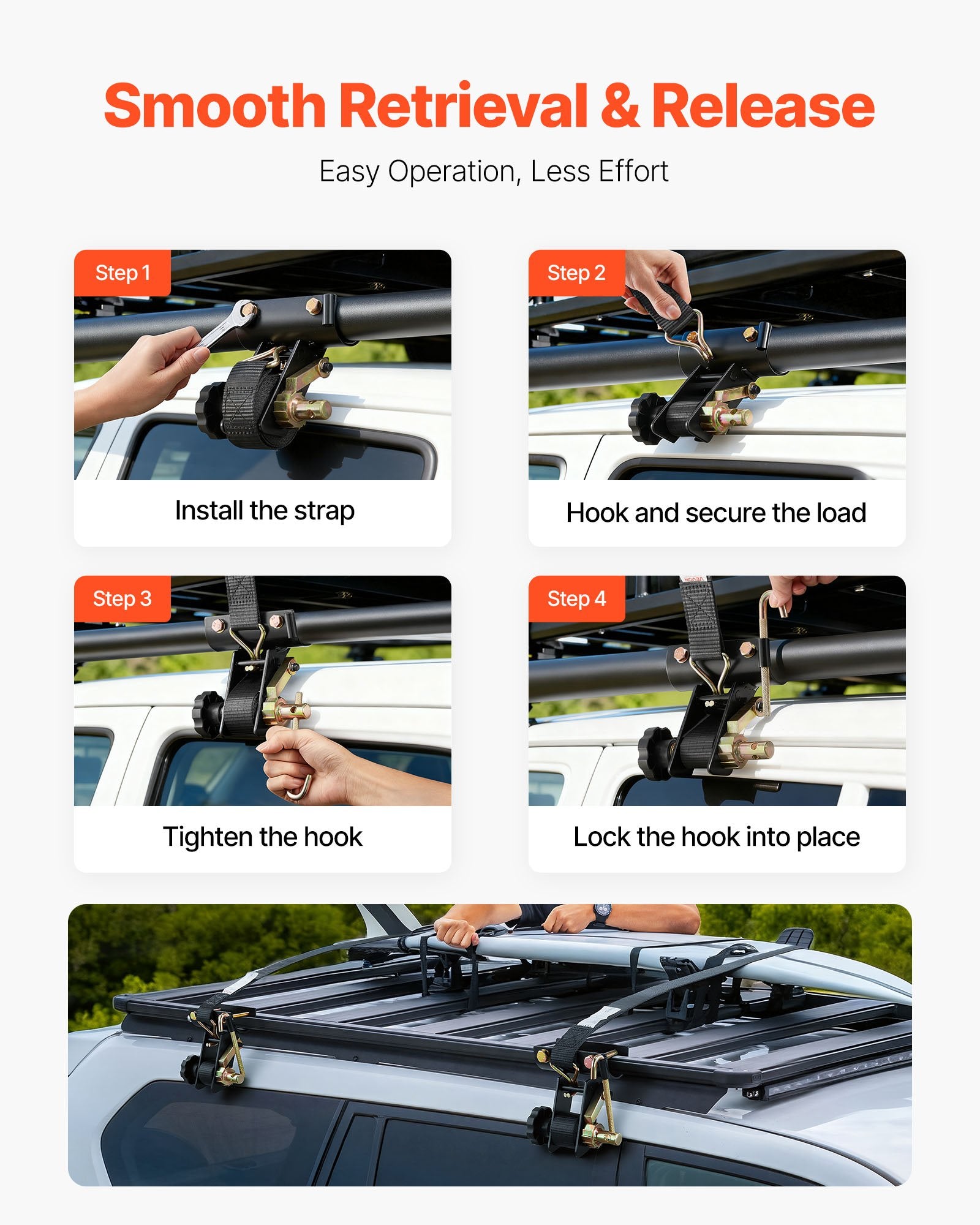 Ladder Rack Ratchet Straps, 47.6-50.8 mm Black Round Tube Mount, 38 mm Wide x 2.25 m Long Black Ladder Rack Straps with Double J-Hooks, 226.8 kg Load Heavy Duty, Cargo Buckle Lock Strap (4 Pack) - Image 3