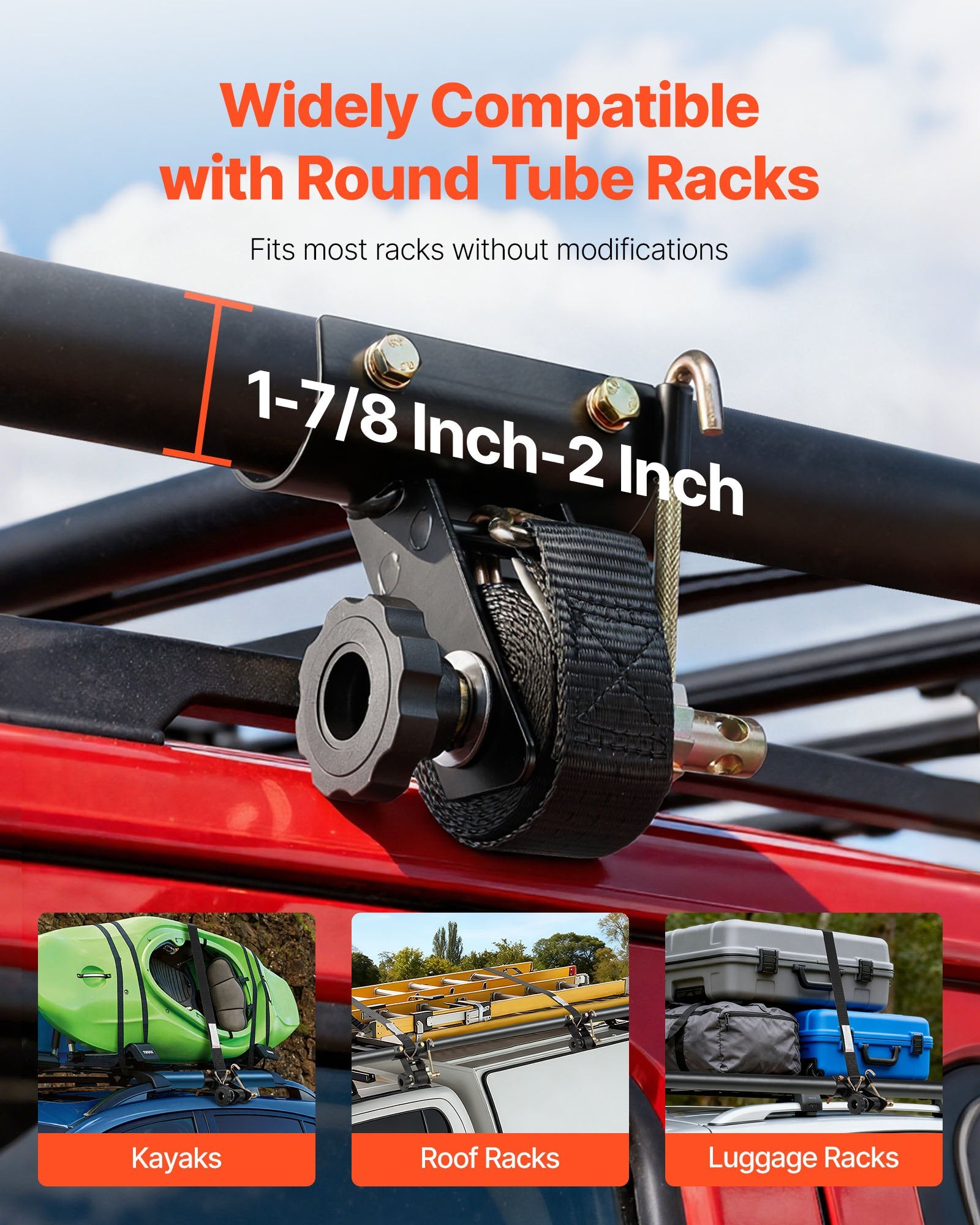 Ladder Rack Ratchet Straps, 47.6-50.8 mm Black Round Tube Mount, 38 mm Wide x 2.25 m Long Black Ladder Rack Straps with Double J-Hooks, 226.8 kg Load Heavy Duty, Cargo Buckle Lock Strap (4 Pack) - Image 4