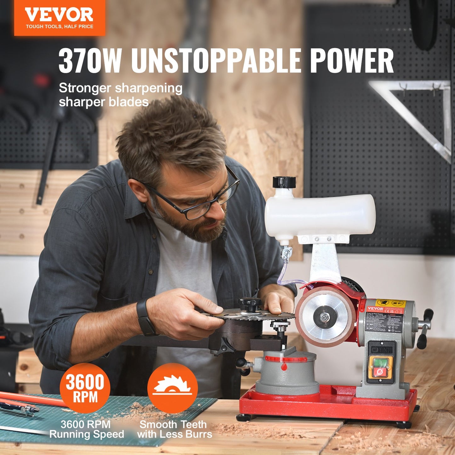 Circular Saw Blade Sharpener, 370W Saw Blade Grinding with Water Injection, Water Injection Circular Saw Blade Sharpening & 6 Saw Centerings, 5-inch Grinding Wheel for Carbide Tipped Saw Blades - Image 2