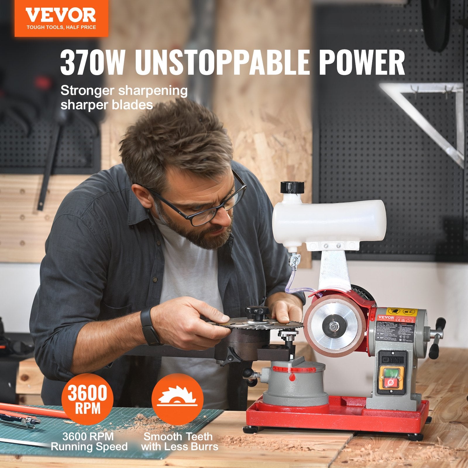 Circular Saw Blade Sharpener, 370W Saw Blade Grinding with Water Injection, Water Injection Circular Saw Blade Sharpening & 6 Saw Centerings, 5-inch Grinding Wheel for Carbide Tipped Saw Blades - Image 2