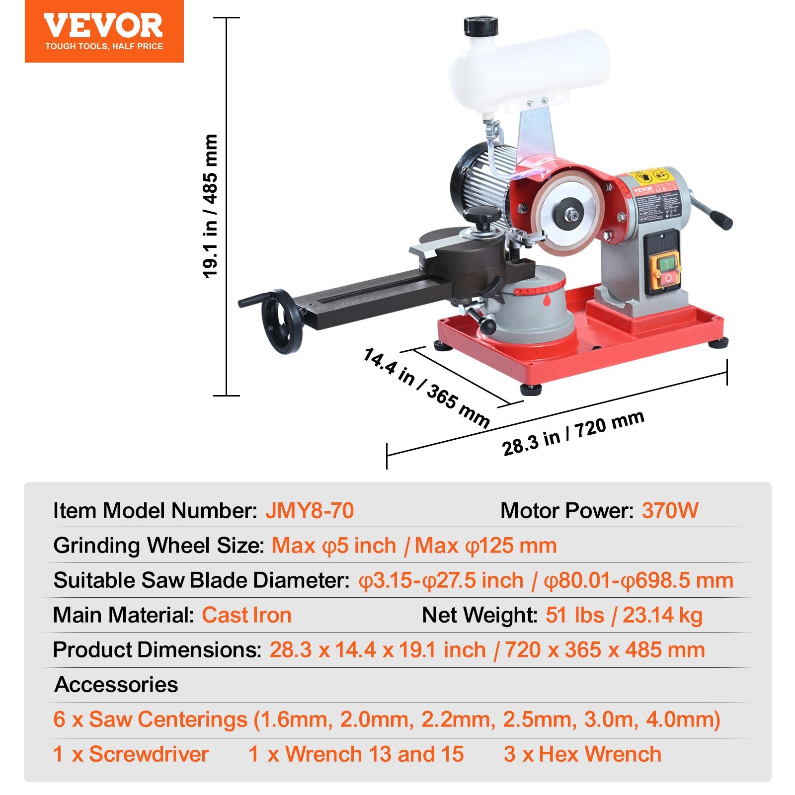 Circular Saw Blade Sharpener, 370W Saw Blade Grinding with Water Injection, Water Injection Circular Saw Blade Sharpening & 6 Saw Centerings, 5-inch Grinding Wheel for Carbide Tipped Saw Blades - Image 7