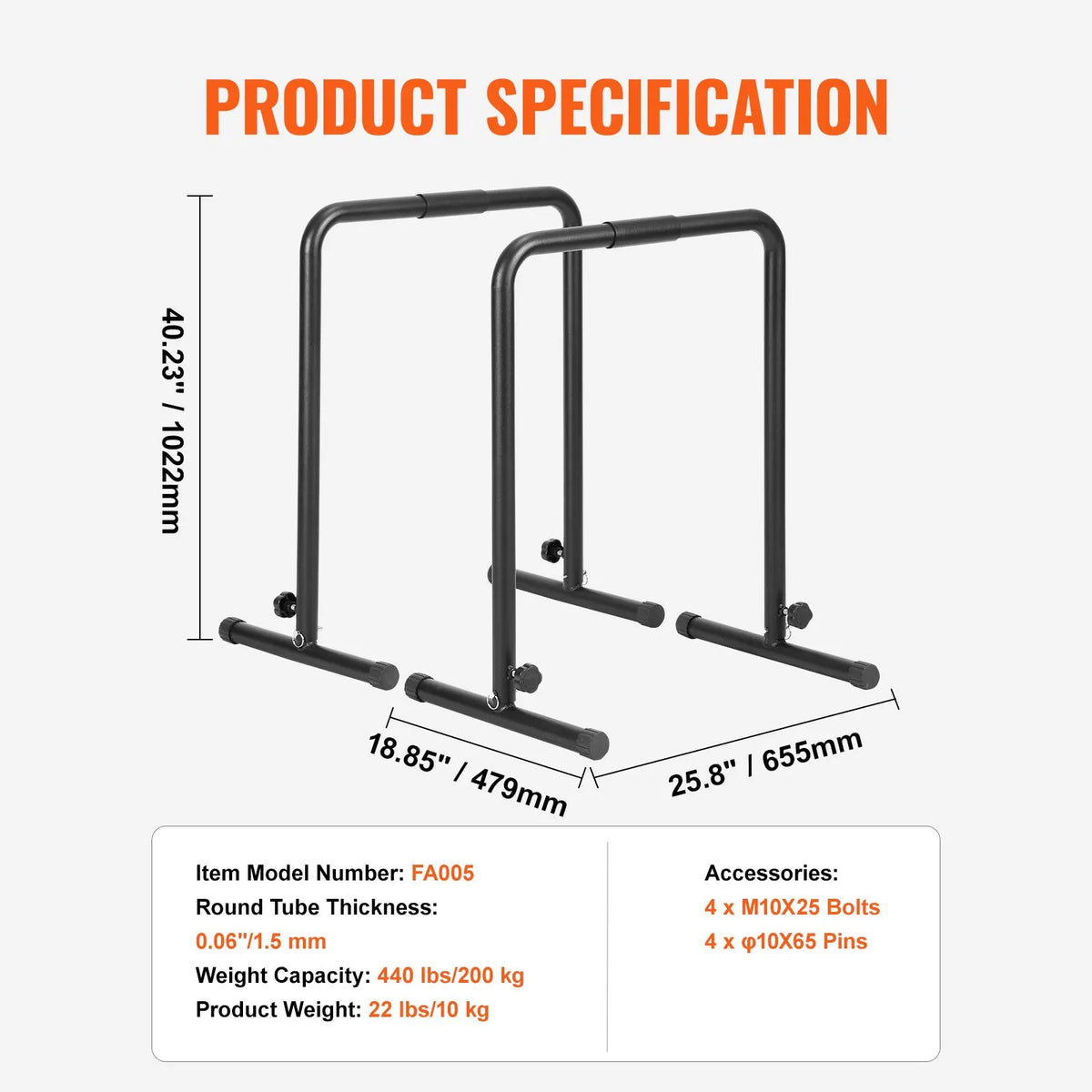 Dip Bars, 200 kg Capacity, Heave Duty Dip Stand Station with Adjustable Height, Fitness Workout Dip Bar Station Stabilizer Parallette Push Up Stand, Parallel Bars for Strength Training Home Gym - Image 7