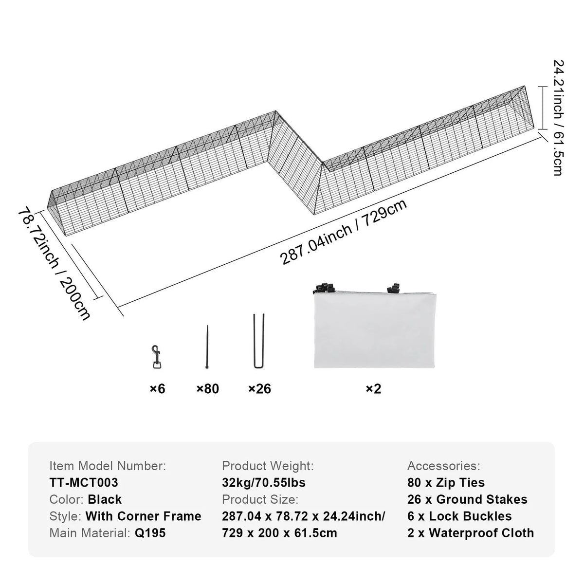 Chicken Tunnels, 729 x 200 x 61.5cm(LxWxH) Chicken Tunnels for Yard, Portable Chicken Tunnels for Outside with Corner Frames, 2 Sets, Suitable for Chickens, Ducks, Rabbits - Image 7