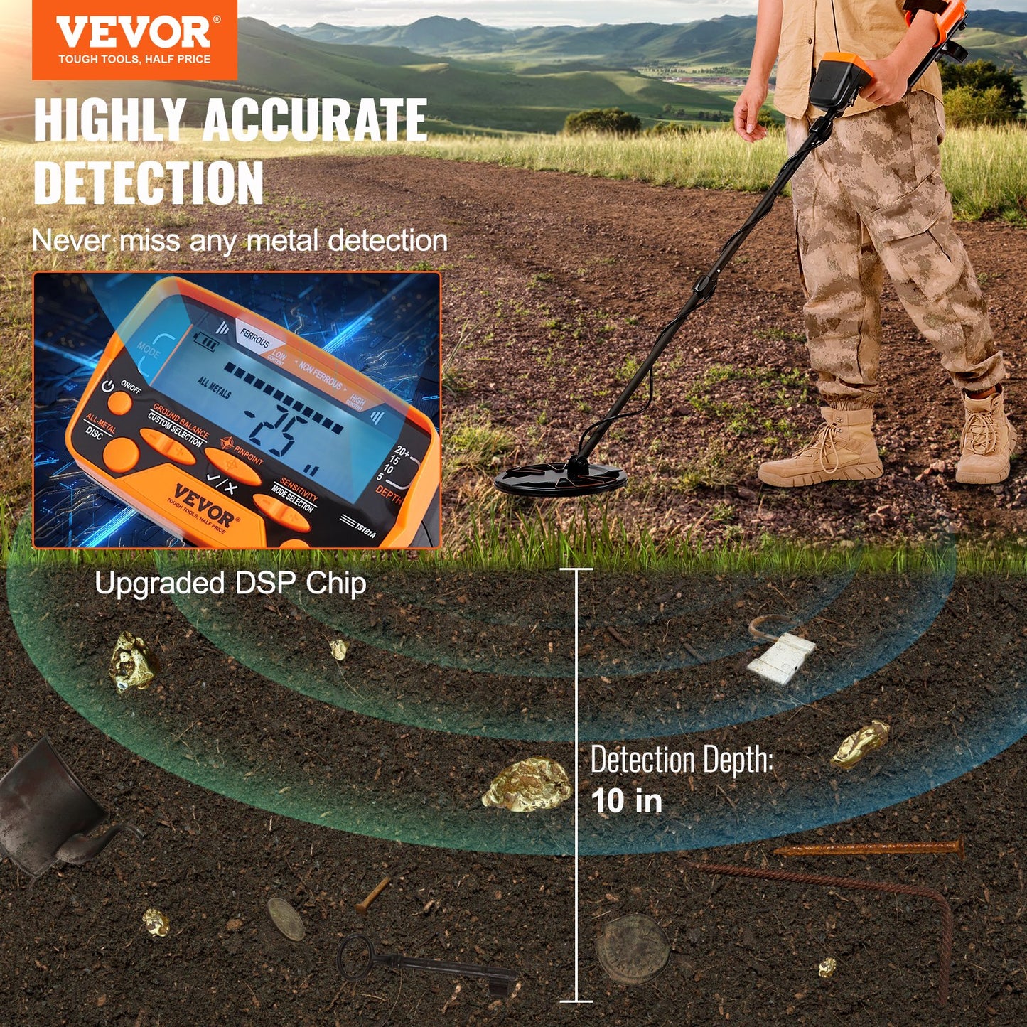 Metal Detector for Adults&Kids, 250mm, Professional Adjustable Higher Accuracy Gold Detector, IP68 Waterproof Coil with LCD Display 7 Modes Advanced DSP Chip, for Detecting Gold Treasure Hunting - Image 2