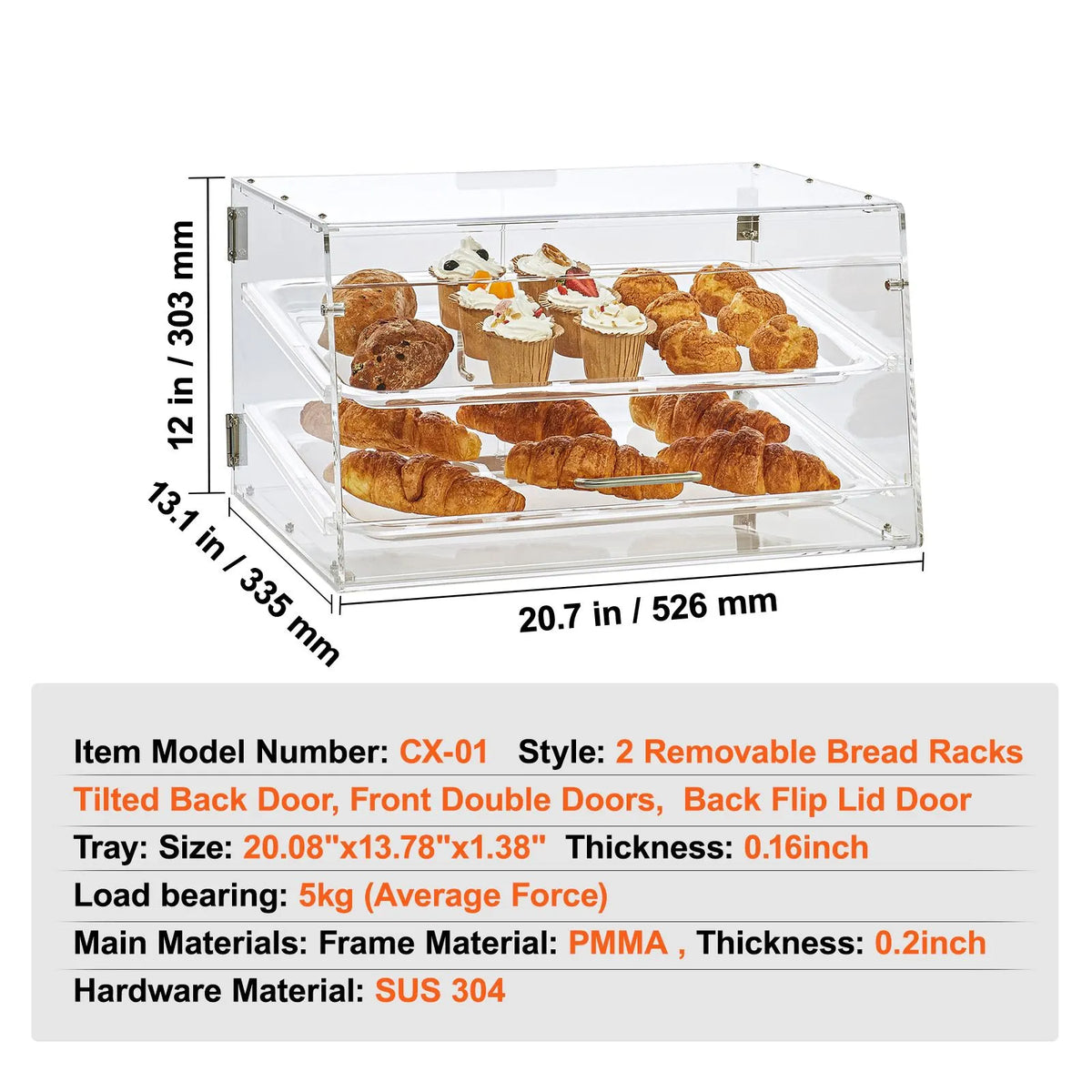 Pastry Display Case, 2-Tier Commercial Countertop Bakery Display Case, Acrylic Display Box with Rear Door Access & Removable Shelves, Keep Fresh for Donut Bagels Cake Cookie - Image 7