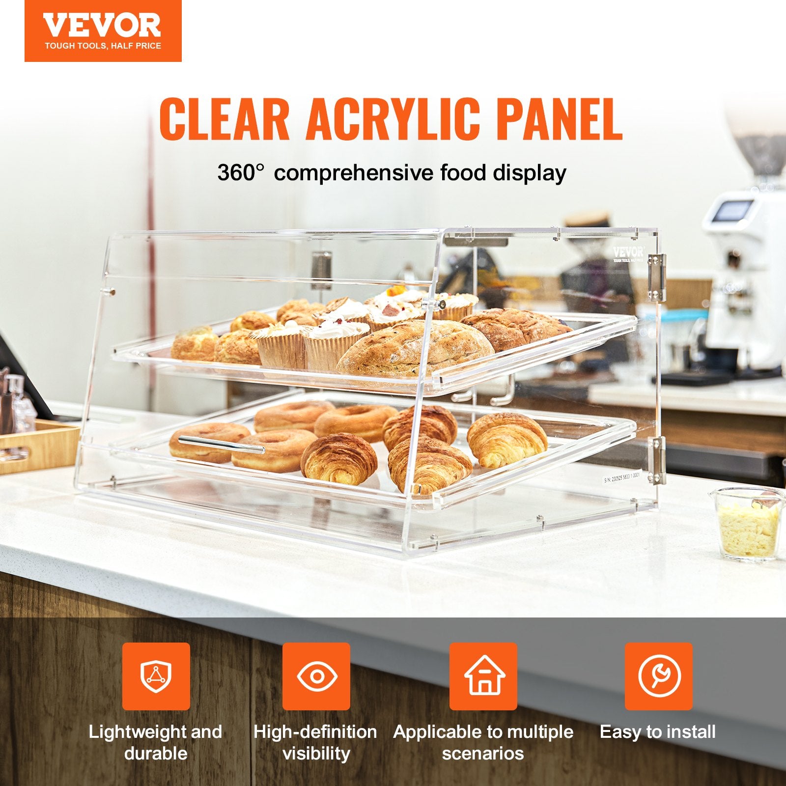 Pastry Display Case, 2-Tier Commercial Countertop Bakery Display Case, Acrylic Display Box with Rear Door Access & Removable Shelves, Keep Fresh for Donut Bagels Cake Cookie - Image 2