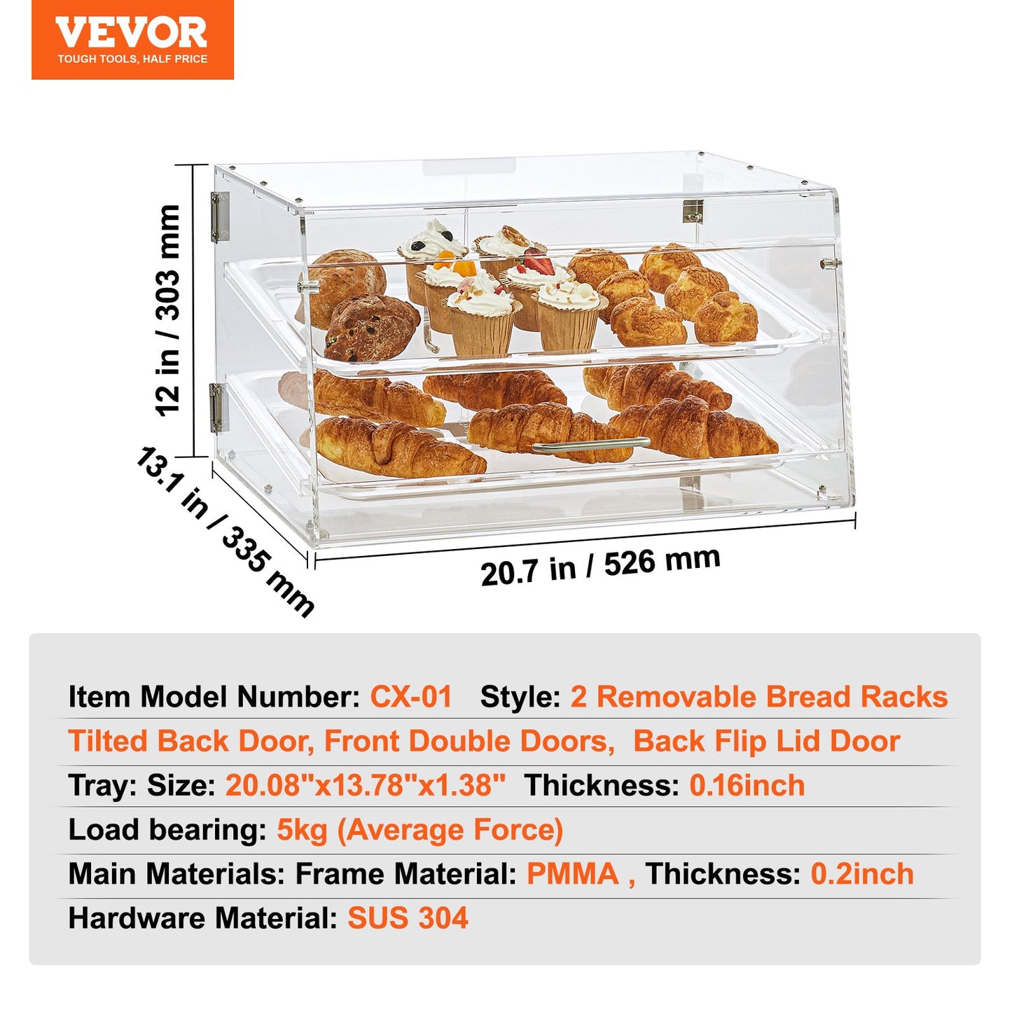 Pastry Display Case, 2-Tier Commercial Countertop Bakery Display Case, Acrylic Display Box with Rear Door Access & Removable Shelves, Keep Fresh for Donut Bagels Cake Cookie - Image 7