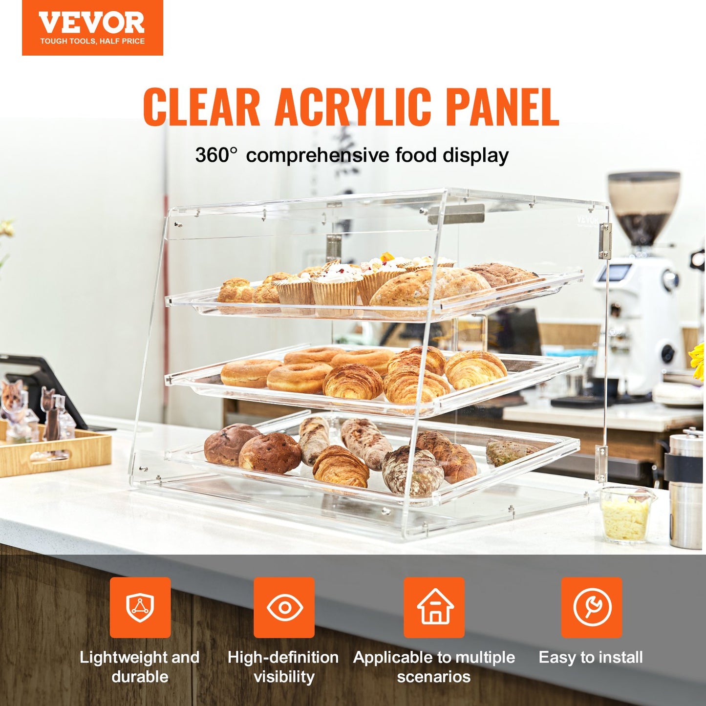 Pastry Display Case, 3-Tier Commercial Countertop Bakery Display Case, Acrylic Display Box with Rear Door Access & Removable Shelves, Keep Fresh for Donut Bagels Cake Cookie - Image 2