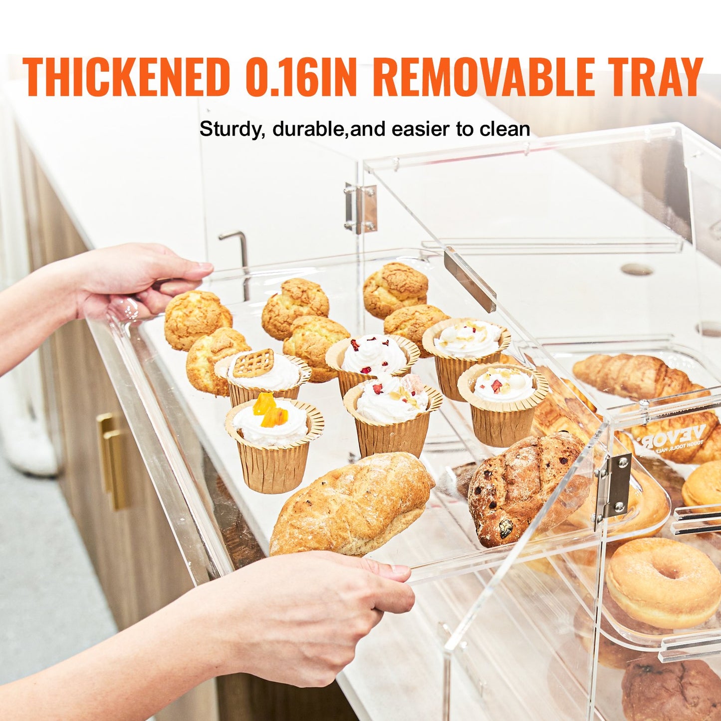 Pastry Display Case, 3-Tier Commercial Countertop Bakery Display Case, Acrylic Display Box with Rear Door Access & Removable Shelves, Keep Fresh for Donut Bagels Cake Cookie - Image 3
