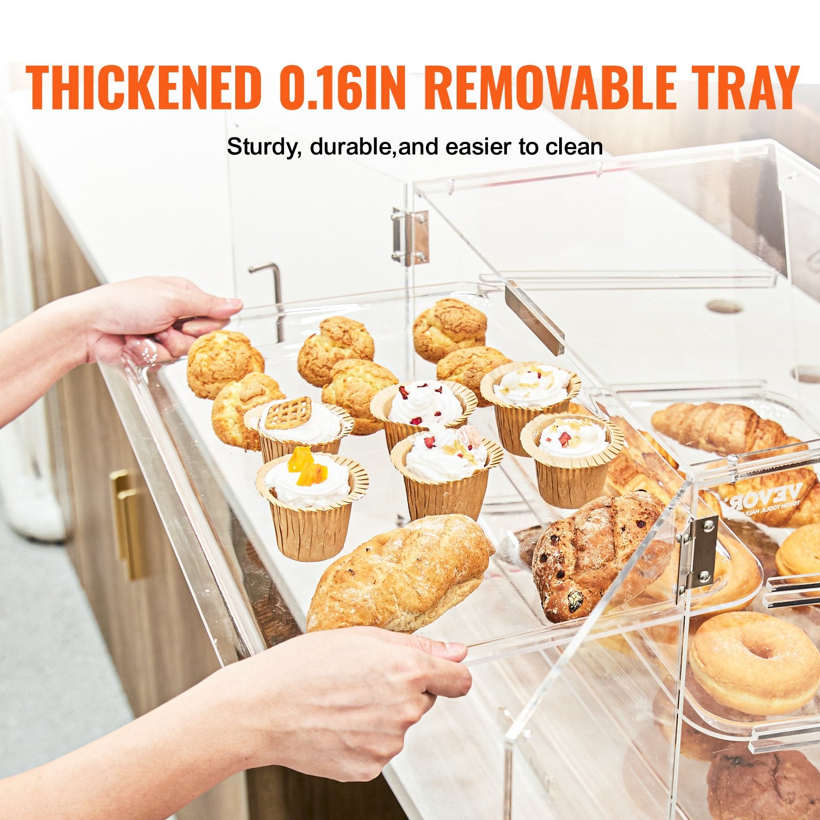 Pastry Display Case, 3-Tier Commercial Countertop Bakery Display Case, Acrylic Display Box with Rear Door Access & Removable Shelves, Keep Fresh for Donut Bagels Cake Cookie - Image 3
