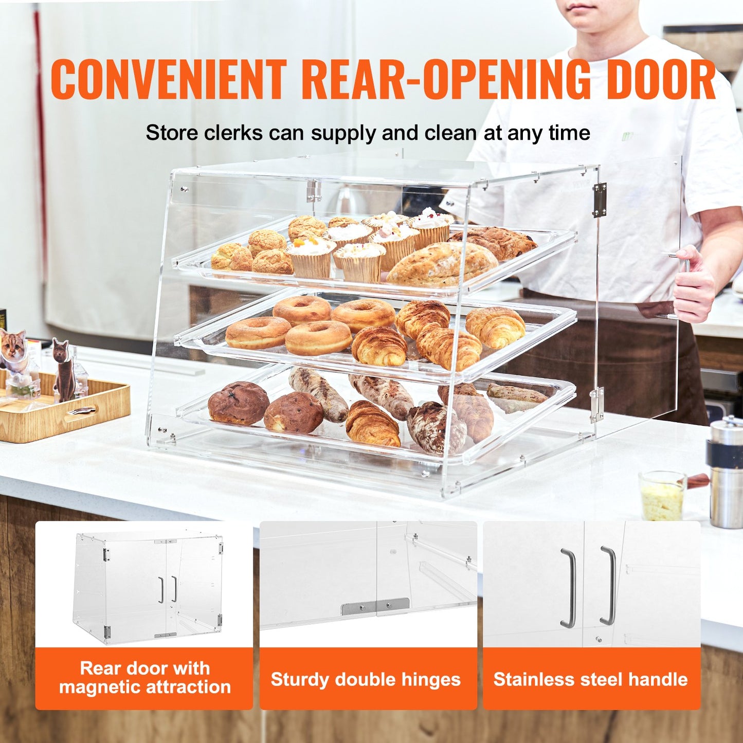 Pastry Display Case, 3-Tier Commercial Countertop Bakery Display Case, Acrylic Display Box with Rear Door Access & Removable Shelves, Keep Fresh for Donut Bagels Cake Cookie - Image 5