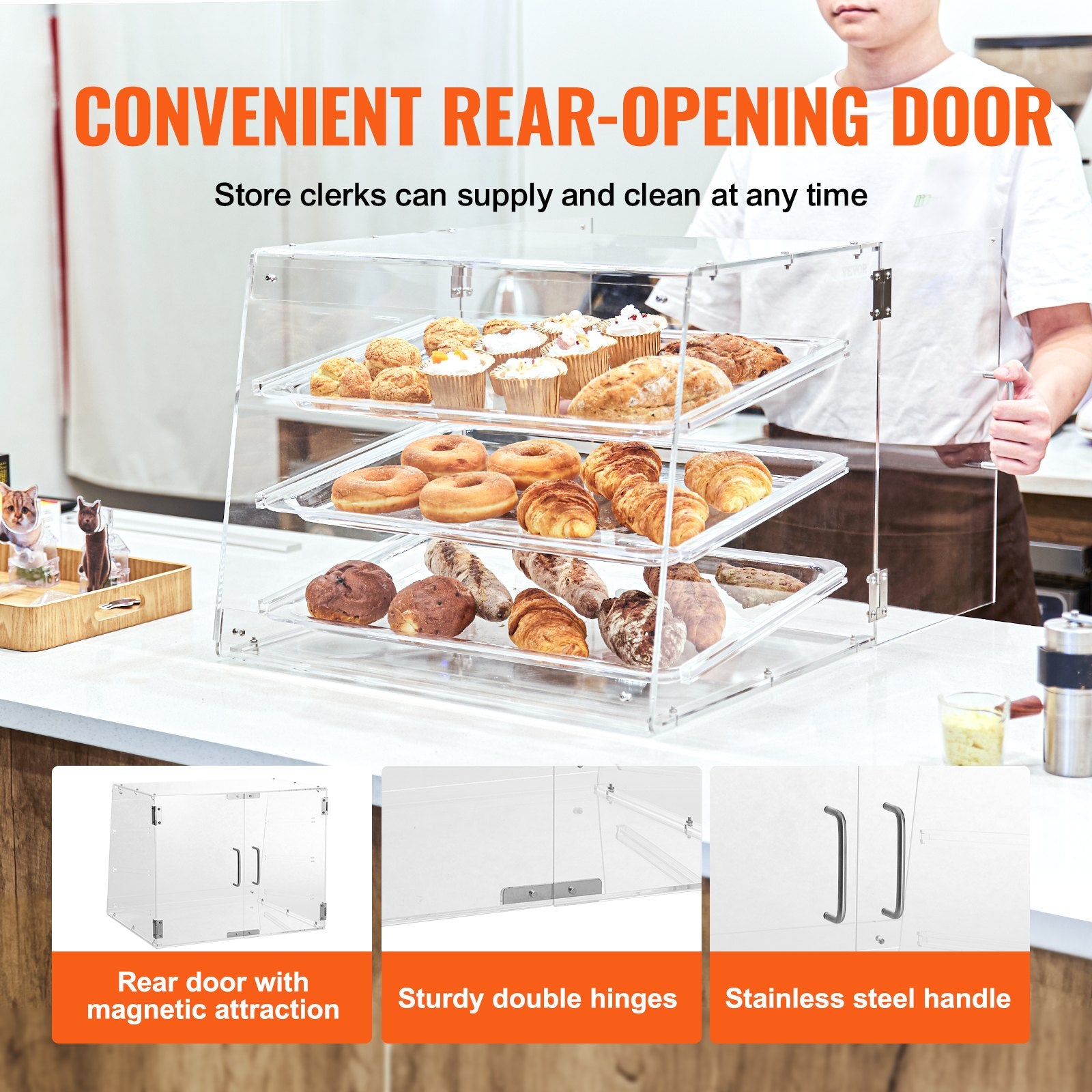 Pastry Display Case, 3-Tier Commercial Countertop Bakery Display Case, Acrylic Display Box with Rear Door Access & Removable Shelves, Keep Fresh for Donut Bagels Cake Cookie - Image 5