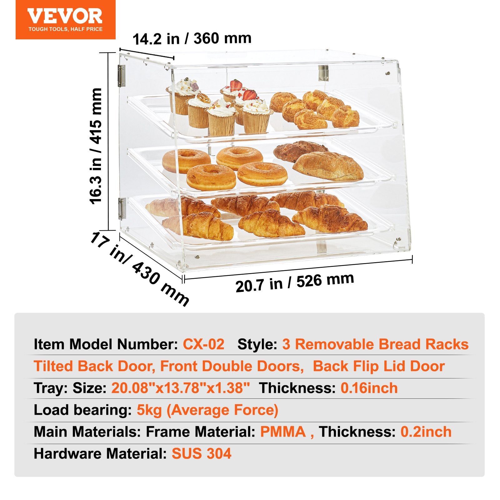 Pastry Display Case, 3-Tier Commercial Countertop Bakery Display Case, Acrylic Display Box with Rear Door Access & Removable Shelves, Keep Fresh for Donut Bagels Cake Cookie - Image 7