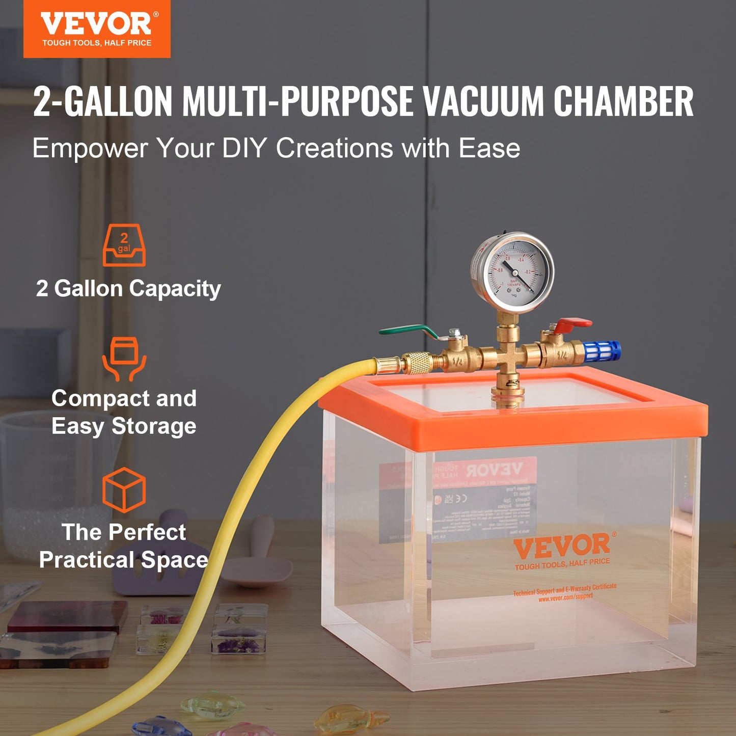 2 Gallon Vacuum Chamber, Upgraded Multipurpose Acrylic Vacuum Degassing Chamber, Transparent Vacuum Chamber, for Resin Degassing, Silica Gel Degassing, Gypsum Degassing and Vacuum Extraction - Image 2