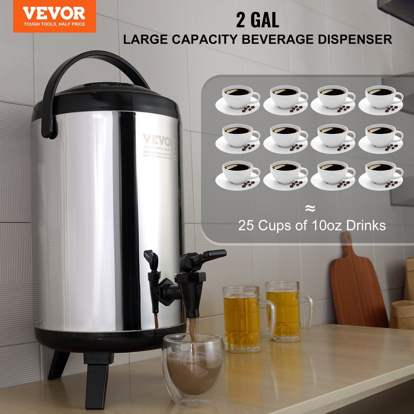 Stainless Steel Insulated Beverage Dispenser, 7.6 Liter, Thermal Hot and Cold Drink Server Dispenser with Spigot Handle, Food-grade for Hot Tea Coffee Water Restaurant Drink Shop - Image 2