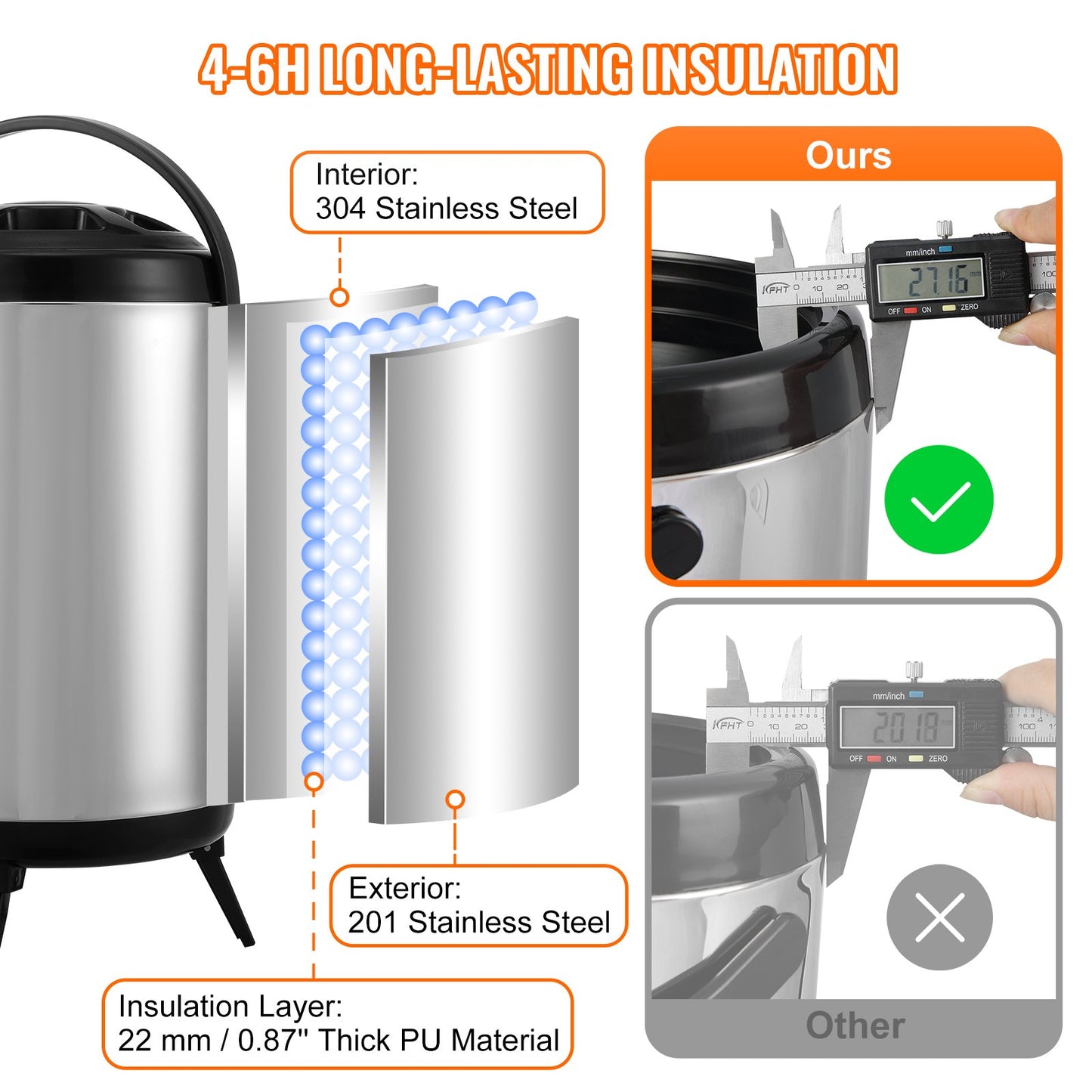 Stainless Steel Insulated Beverage Dispenser, 7.6 Liter, Thermal Hot and Cold Drink Server Dispenser with Spigot Handle, Food-grade for Hot Tea Coffee Water Restaurant Drink Shop - Image 3