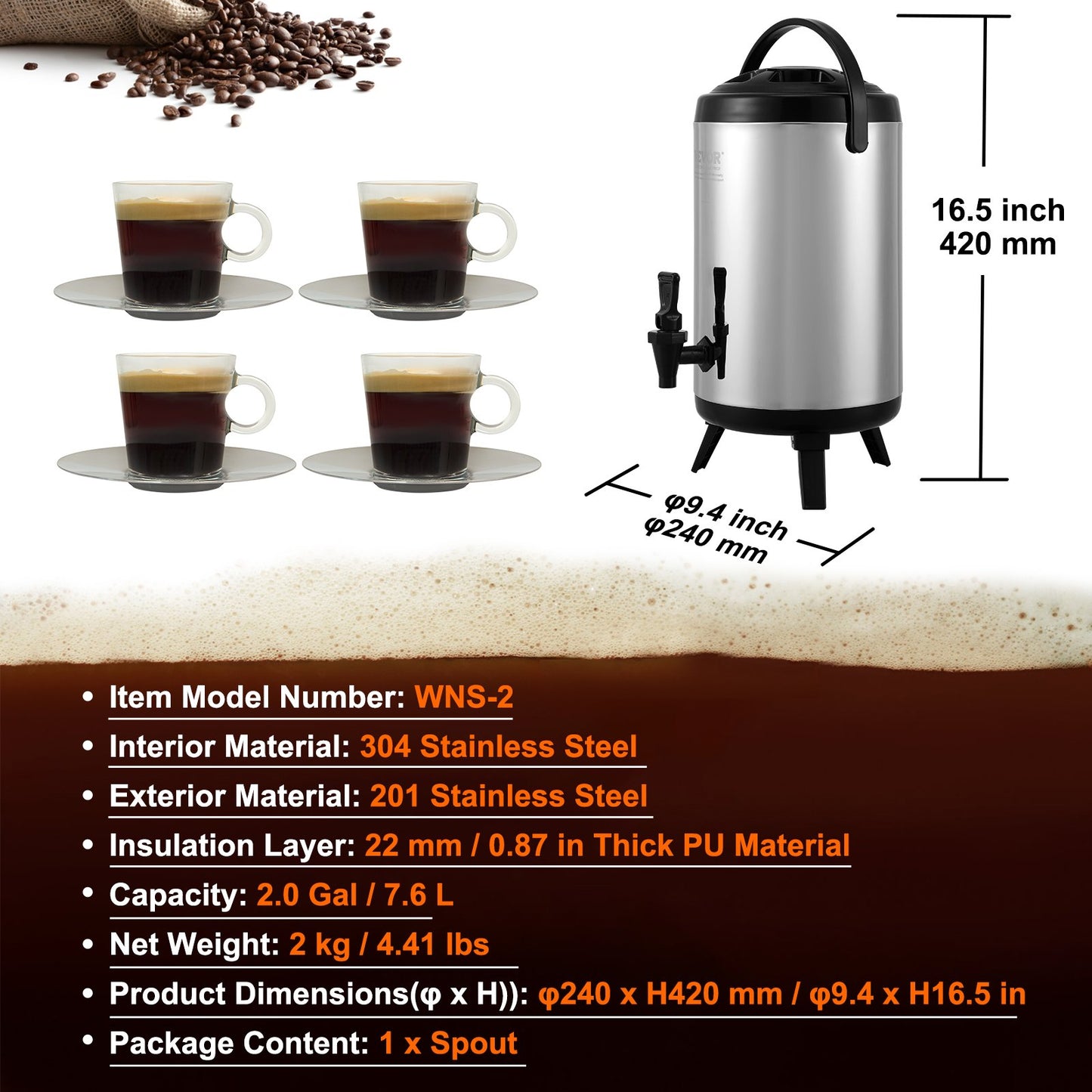 Stainless Steel Insulated Beverage Dispenser, 7.6 Liter, Thermal Hot and Cold Drink Server Dispenser with Spigot Handle, Food-grade for Hot Tea Coffee Water Restaurant Drink Shop - Image 7