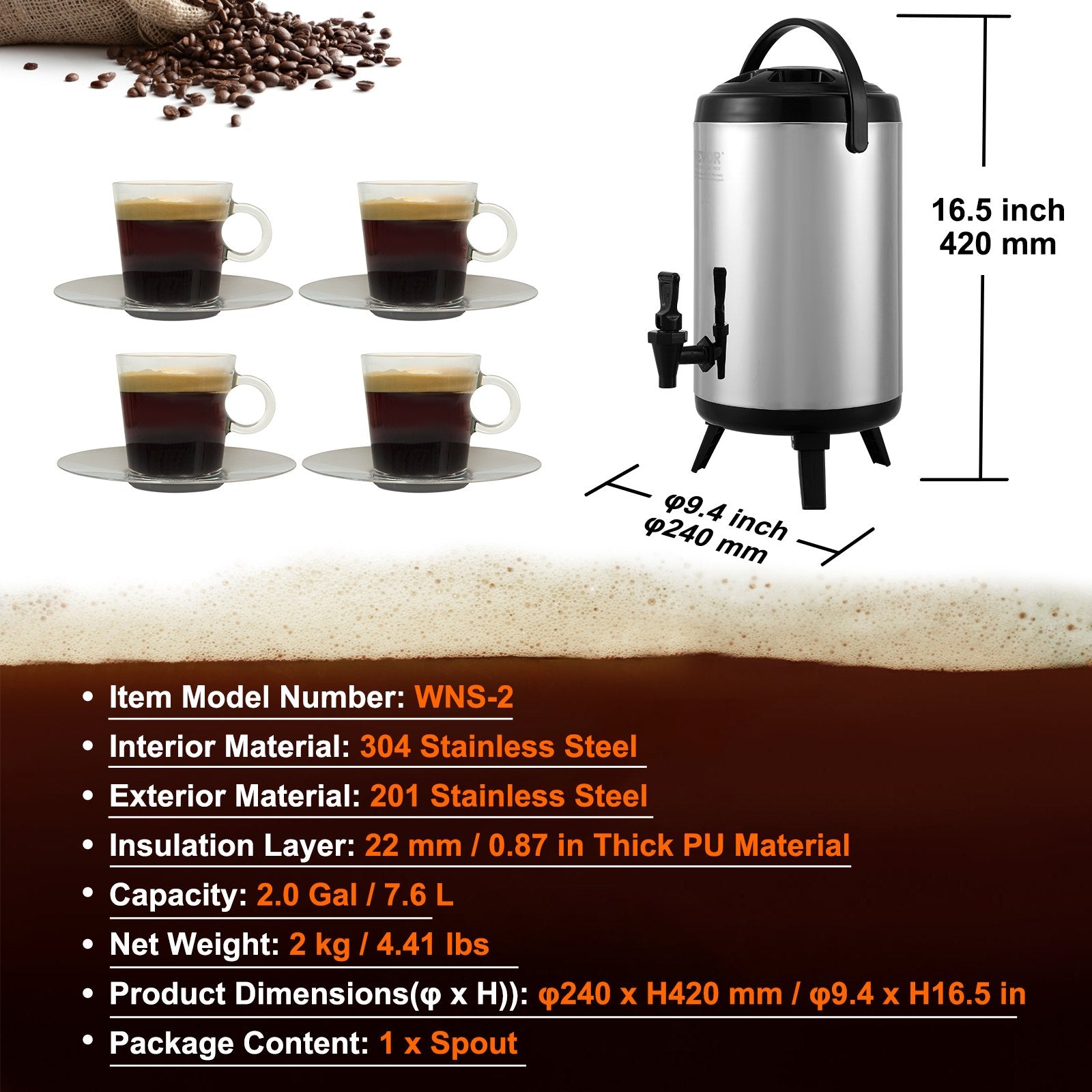 Stainless Steel Insulated Beverage Dispenser, 7.6 Liter, Thermal Hot and Cold Drink Server Dispenser with Spigot Handle, Food-grade for Hot Tea Coffee Water Restaurant Drink Shop - Image 7