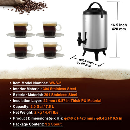 Stainless Steel Insulated Beverage Dispenser, 7.6 Liter, Thermal Hot and Cold Drink Server Dispenser with Spigot Handle, Food-grade for Hot Tea Coffee Water Restaurant Drink Shop - Image 7