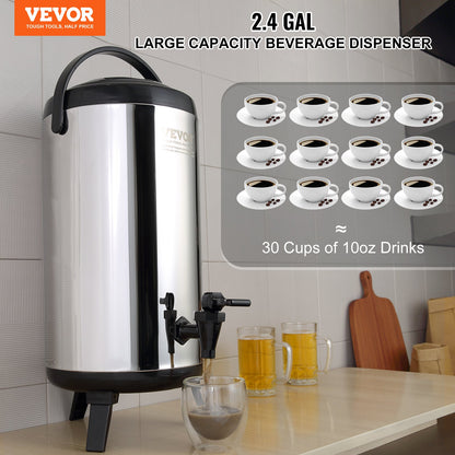 Stainless Steel Insulated Beverage Dispenser, 9.2 Liter, Thermal Hot and Cold Drink Server Dispenser with Spigot Handle, Food-grade for Hot Tea Coffee Water Restaurant Drink Shop - Image 2