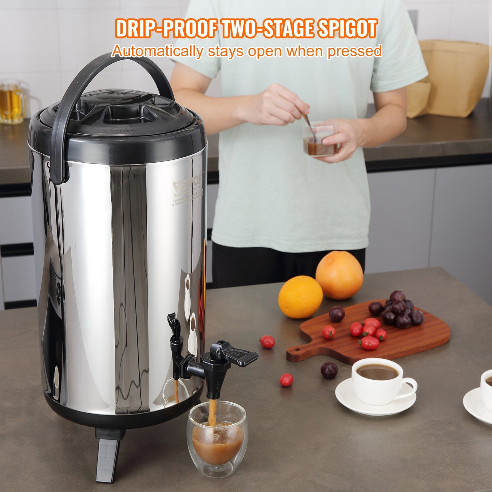 Stainless Steel Insulated Beverage Dispenser, 9.2 Liter, Thermal Hot and Cold Drink Server Dispenser with Spigot Handle, Food-grade for Hot Tea Coffee Water Restaurant Drink Shop - Image 5