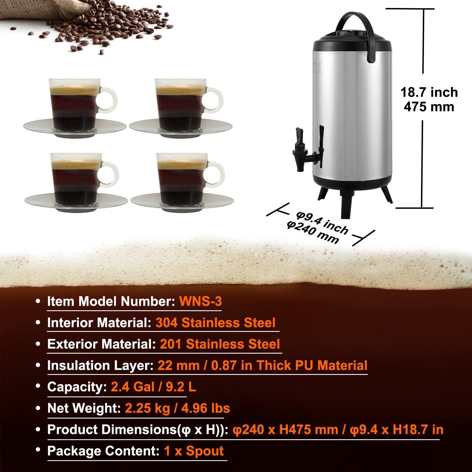 Stainless Steel Insulated Beverage Dispenser, 9.2 Liter, Thermal Hot and Cold Drink Server Dispenser with Spigot Handle, Food-grade for Hot Tea Coffee Water Restaurant Drink Shop - Image 7