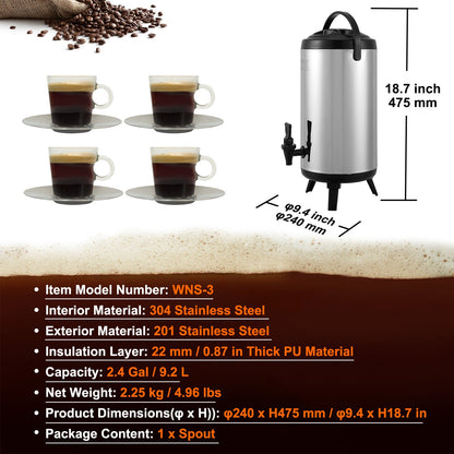 Stainless Steel Insulated Beverage Dispenser, 9.2 Liter, Thermal Hot and Cold Drink Server Dispenser with Spigot Handle, Food-grade for Hot Tea Coffee Water Restaurant Drink Shop - Image 7