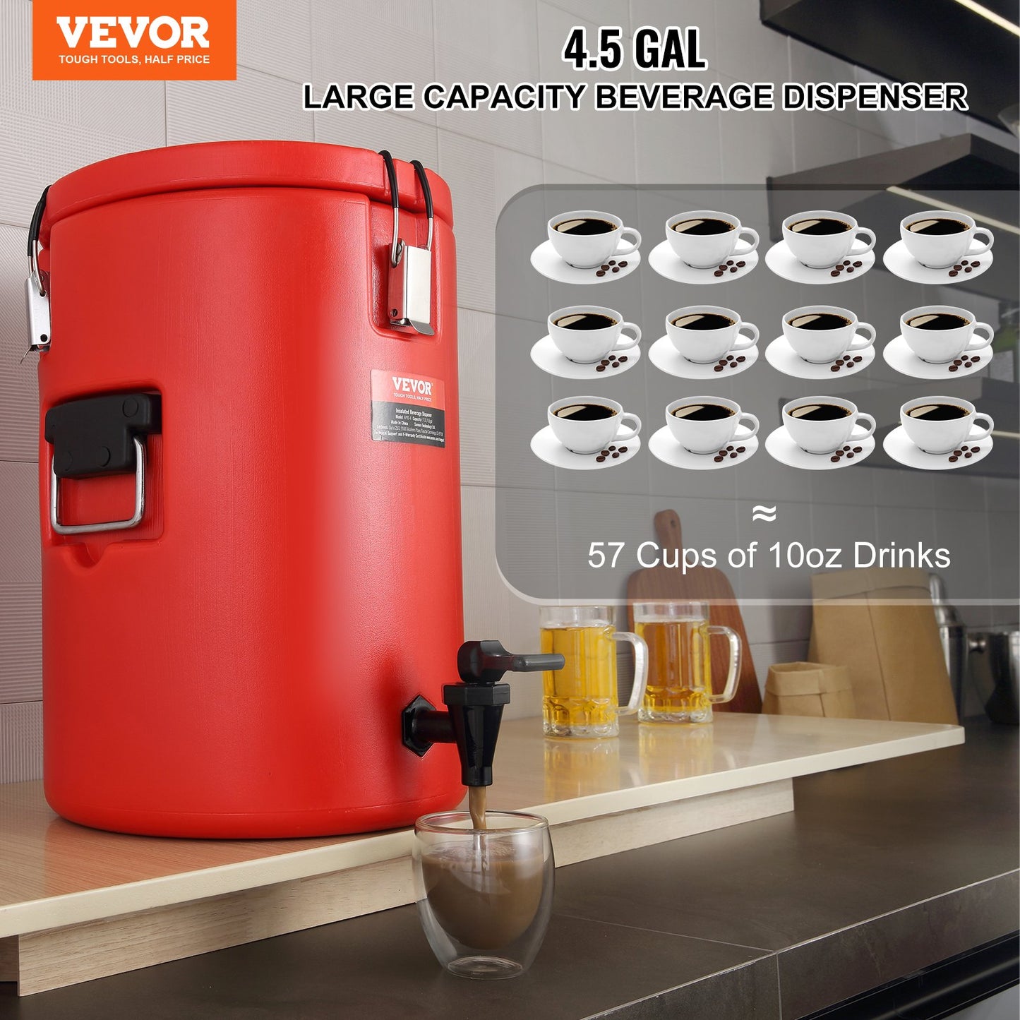 Stainless Steel Insulated Beverage Dispenser, 17.2 Liter, Thermal Hot and Cold Drink Server Dispenser with Spigot Handle, Food-grade for Hot Tea Coffee Water Restaurant Drink Shop - Image 2